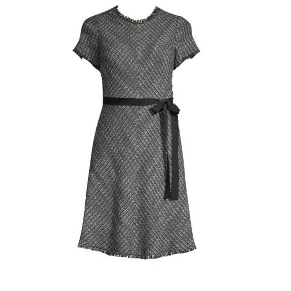Rebecca Taylor Tweed Fit Flare Dress Sz 2 Belted Fringe Black White Preppy Chic‎
